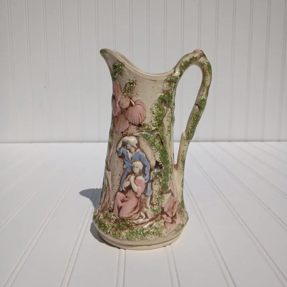 Vintage Handmade Pitcher Floral Relief Green Pink Majolica Style Victorian Vase